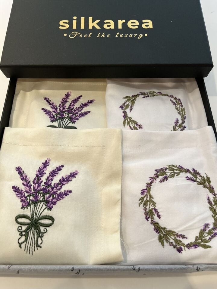 Nakışlı Lavanta Kesesi Hediye Seti Pamuk Saten, Kutulu, Lavender Gift Set