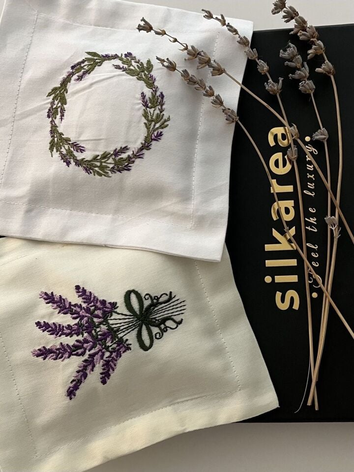 Nakışlı Lavanta Kesesi Hediye Seti Pamuk Saten, Kutulu, Lavender Gift Set